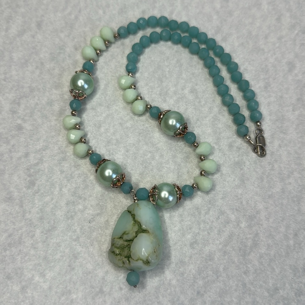 Larimar Chalcedony necklace glass pearl drop silver - Picture 3 of 5
